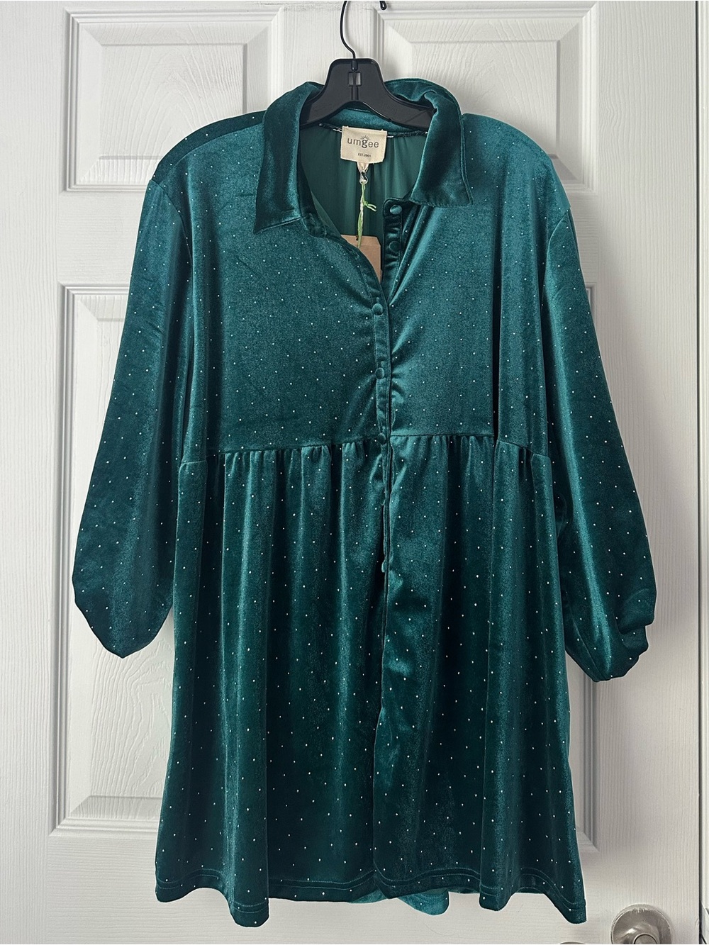 Umgee Solid Color Velvet Tunic Top with Stone Embellishments in Teal Green XL